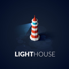 Flat isometric red lighthouse icon on blue sea - 120548254