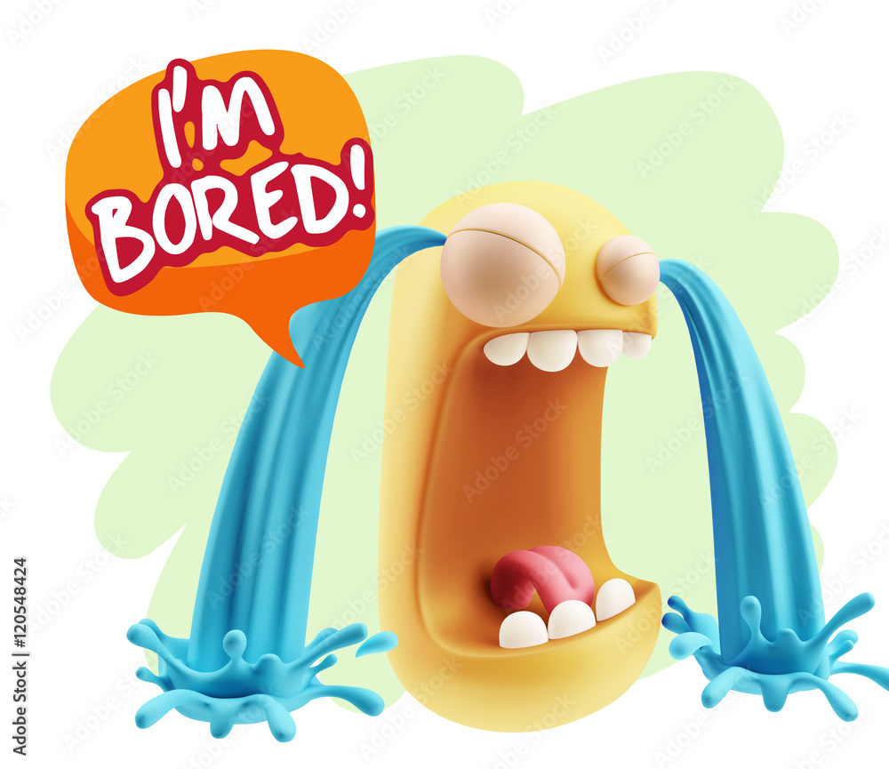 Poster 3d rendering sad character emoticon expression saying i'm bored