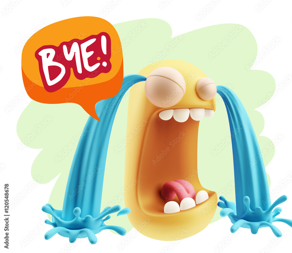Poster 3d rendering sad character emoticon expression saying bye with c