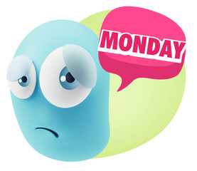 3d Rendering Sad Character Emoticon Expression saying Monday wit