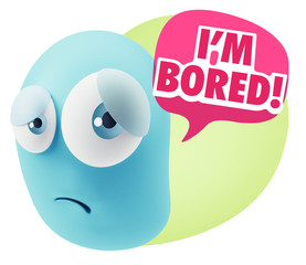 3d Rendering Sad Character Emoticon Expression saying I'm Bored