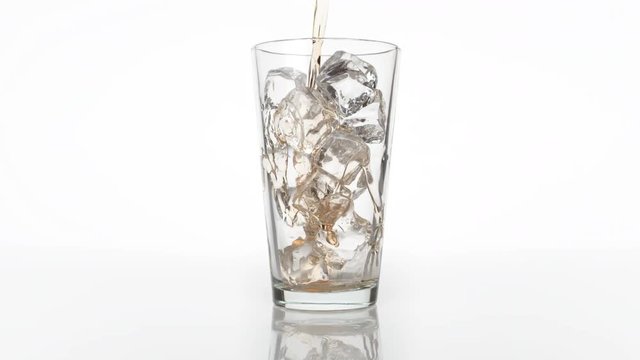 Pouring ice tea into glass with ice cubes . Shot with high speed camera, phantom flex 4K. Slow Motion. 