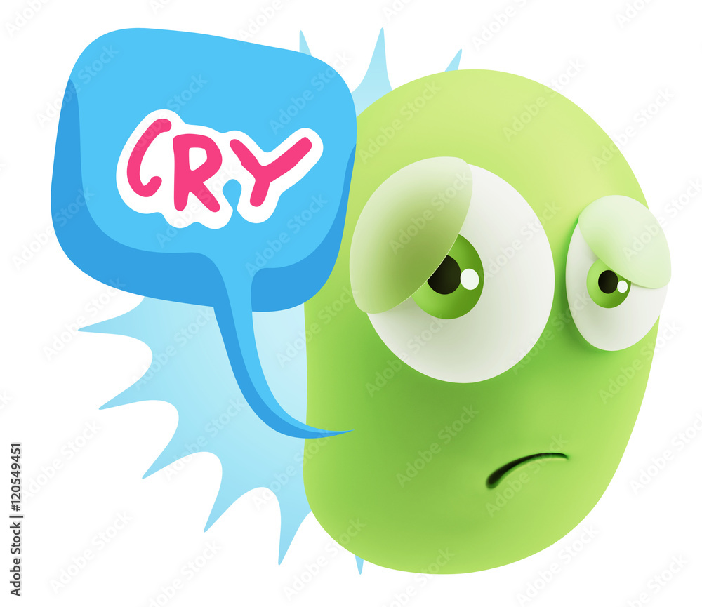 Poster 3d rendering sad character emoticon expression saying cry with c
