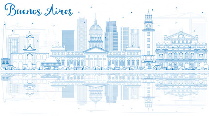 Outline Buenos Aires Skyline with Blue Landmarks and Reflections