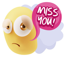 3d Rendering Sad Character Emoticon Expression saying Miss You w
