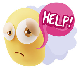 3d Rendering Sad Character Emoticon Expression saying Help! with