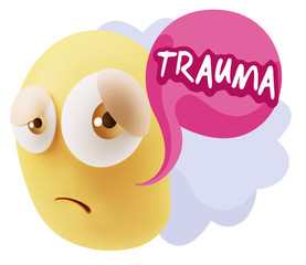 3d Rendering Sad Character Emoticon Expression saying Trauma wit