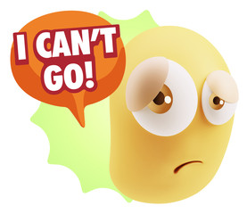 3d Rendering Sad Character Emoticon Expression saying I Can't Go