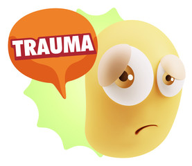 3d Rendering Sad Character Emoticon Expression saying Trauma wit