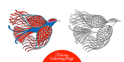 Decorative vintage bird. Coloring page with colored sample