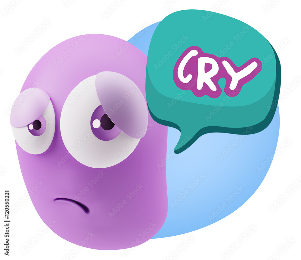 Poster 3d rendering sad character emoticon expression saying cry with c