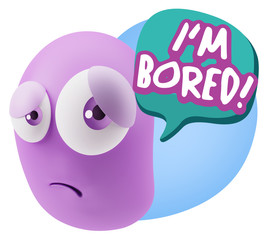 3d Rendering Sad Character Emoticon Expression saying I'm Bored