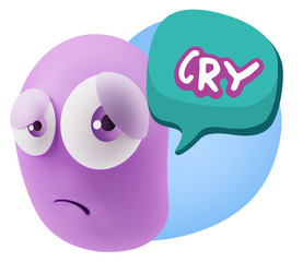 3d Rendering Sad Character Emoticon Expression saying Cry with C