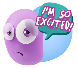 3d Rendering Sad Character Emoticon Expression saying I'm so Exc