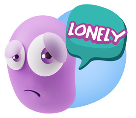 3d Rendering Sad Character Emoticon Expression saying Lonely wit