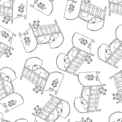 Bed for baby vector. Monochrome seamless pattern backgrouns. Sleeping child.