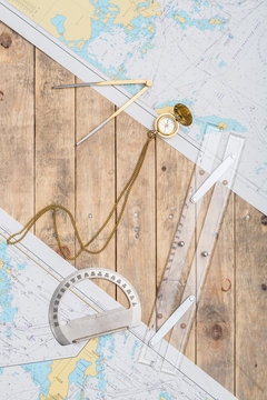 Navigation still-life. Skipper equipment and a map. Sailing concept.