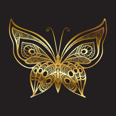 Gold decorative elegant patterned butterfly on black background