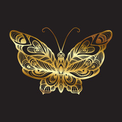 Obraz na płótnie Canvas Gold decorative elegant patterned butterfly on black background