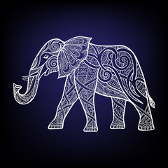 Decorative patterned white elephant on black background