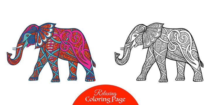 Decorative patterned elephant. Adult coloring page