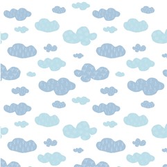 Cute hand drawn seamless blue clouds pattern on white, vector illustration
