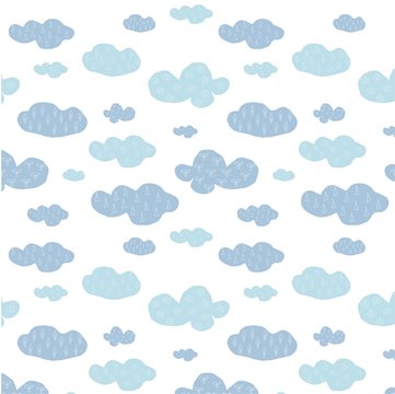 Cute hand drawn seamless blue clouds pattern on white, vector illustration