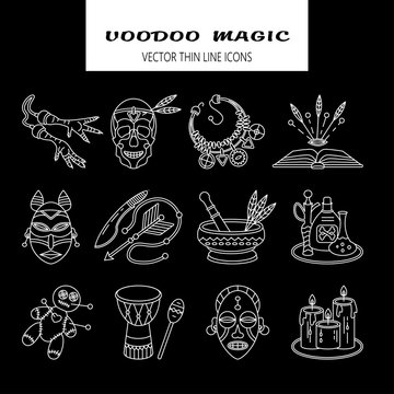 Voodoo African and American magic vector line icons.