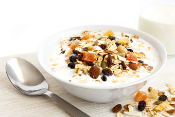 Breakfast bowl of fruit and nut muesli with milk and spoon. 