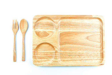 Top view : wooden tray and wooden spoon isolated on white background.