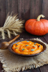 Organic pumpkin puree in a bowl. Dietary dish.