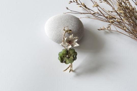 Jade Jewelry Brooch, White Background