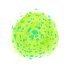 Bright lime green circle with green dots painted in watercolor on white isolated background