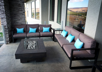 modern patio with fire pit and seating