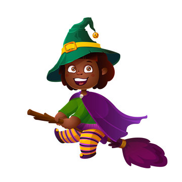 Cute African American Girl Witch on the Broom. Happy Halloween. Trick or Treat