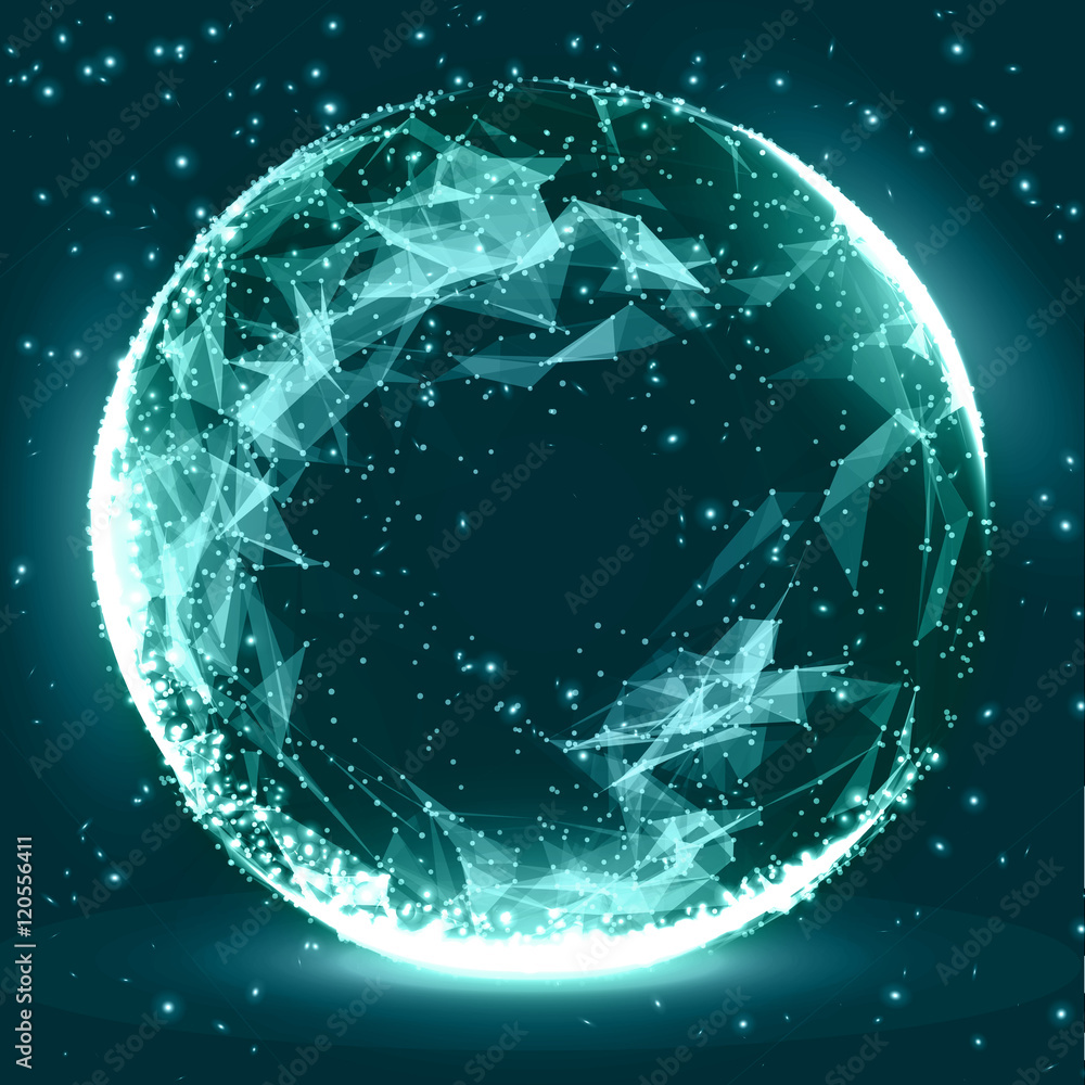 Poster abstract 3d illuminated distorted mesh sphere . neon sign . futuristic technology hud element . eleg