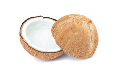 Closeup half of brown coconut shell on white background