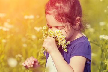 Happy little girl sniffs flowers on the field in sunny day