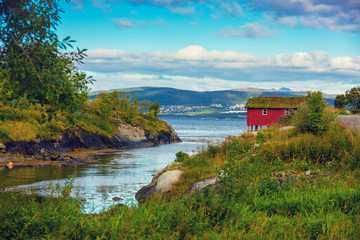 fjord with typical wooden rorbu or fisherman's houses in Norway