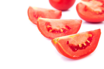 Closeup fresh red tomatoes on white background, food and vegetab