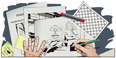 People in retro style. Girl in a chair reading a book.