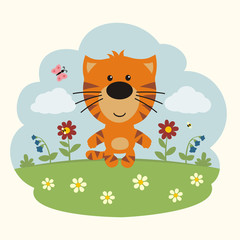 Cartoon tiger. Funny little tiger on flower field.
