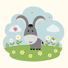 Cartoon donkey. Funny little donkey on flower field.