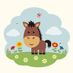 Obraz na płótnie Canvas Cartoon horse. Funny little horse on flower field.
