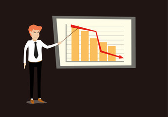 flat cartoon vector illustration of young business man making presentation by point at disappointed sales loss graph bar chart  going down in front of whiteboard. poor economy concept
