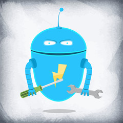 Robot Repairman. Cartoon Character. Holds a wrench and the screw-driver in hand.