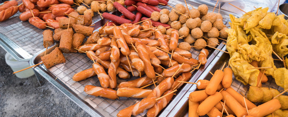 Group of fried sausage street food in thai style