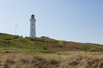 Fototapeta na wymiar Leuchtturm in den Dünen im Sommer