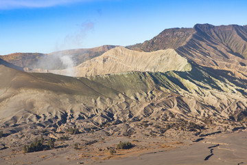 Layer Volcanic ash as sand ground of Mount Bromo volcano the magnificent view of Mt. Bromo located in Bromo Tengger Semeru National Park, East Java, Indonesia.