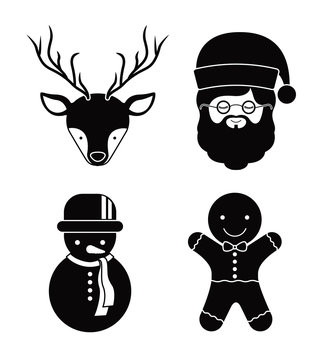 Merry Christmas decoration figures silhouette icon set. Black and white design. Vector illustration